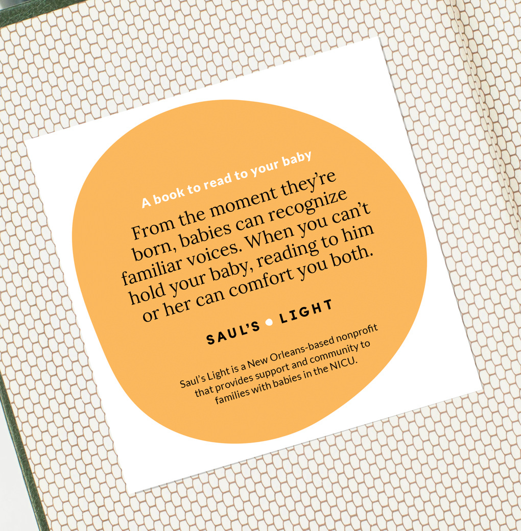 A round, orange Saul's Light Little Library book plate with text and the foundation logo.