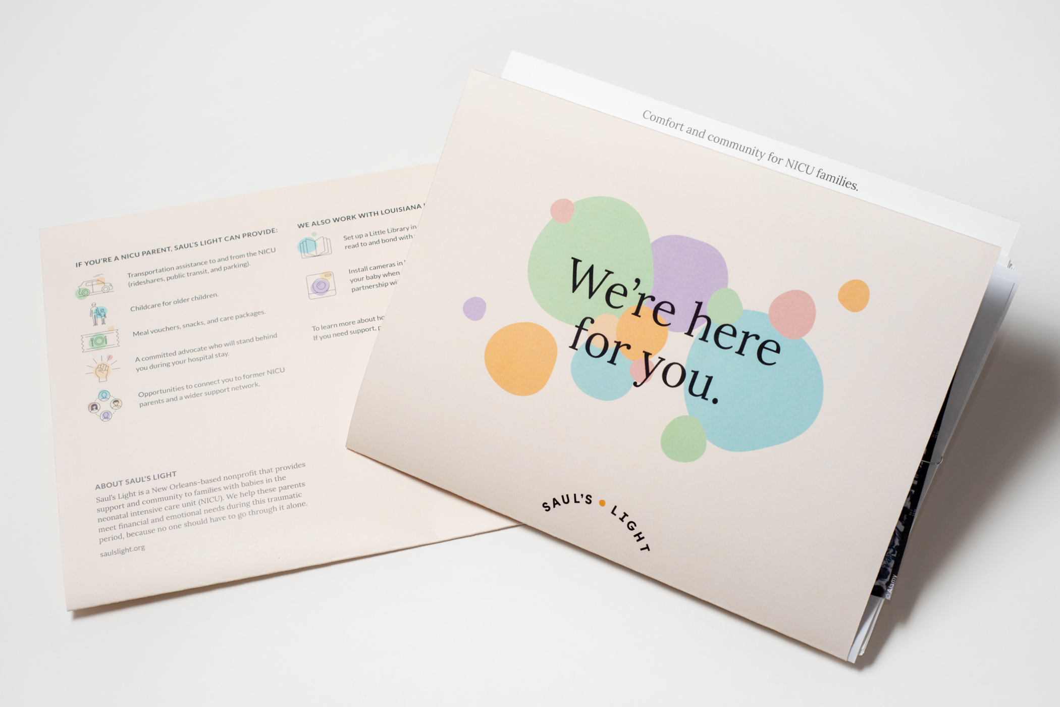 A Saul's Light NICU family guide packet with the title, We're here for you.
