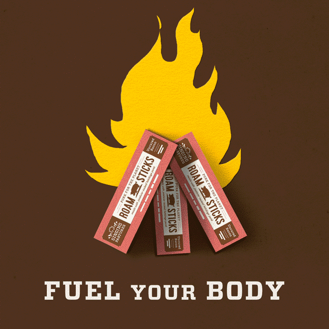 Three Singing Pastures Roam Stick packages arranged as if logs in a campire with a playful animated flame in the background.