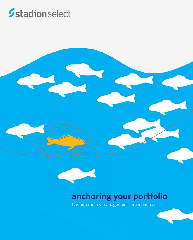 Stadion Select brochure cover with a school of fish illustration and the title, "Anchoring your portfolio."