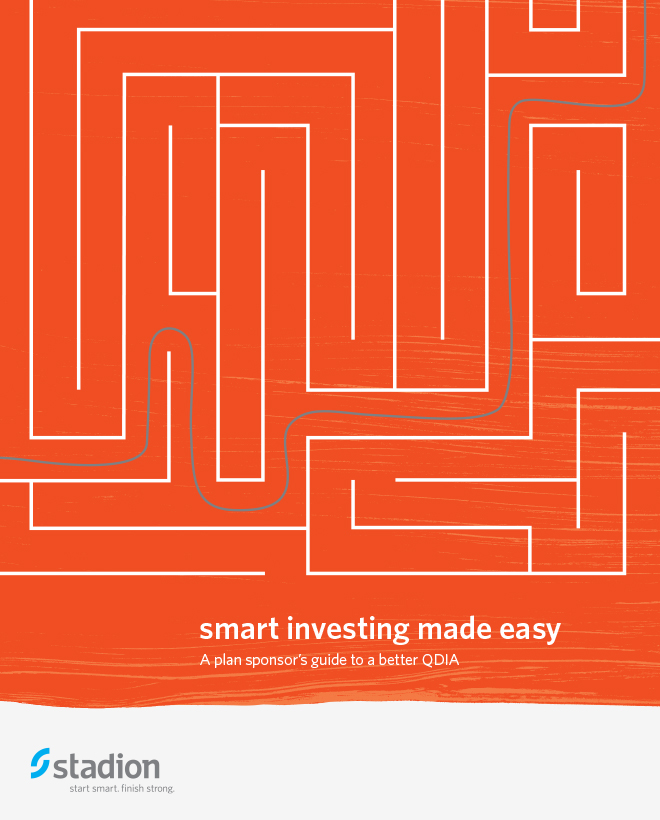 Stadion brochure cover with a maze illustration and the title, "smart investing made easy."