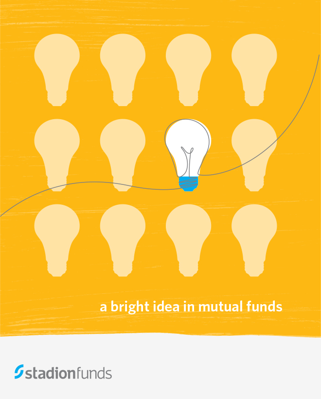 Stadion Funds brochure cover with a grid of light bulbs illustration and the title, "A bright idea in mutual funds."