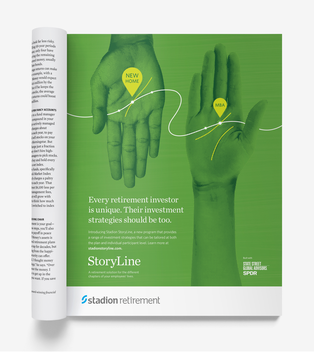 Green magazine ad with illustrated hands reads “Every retirement investor is unique…”