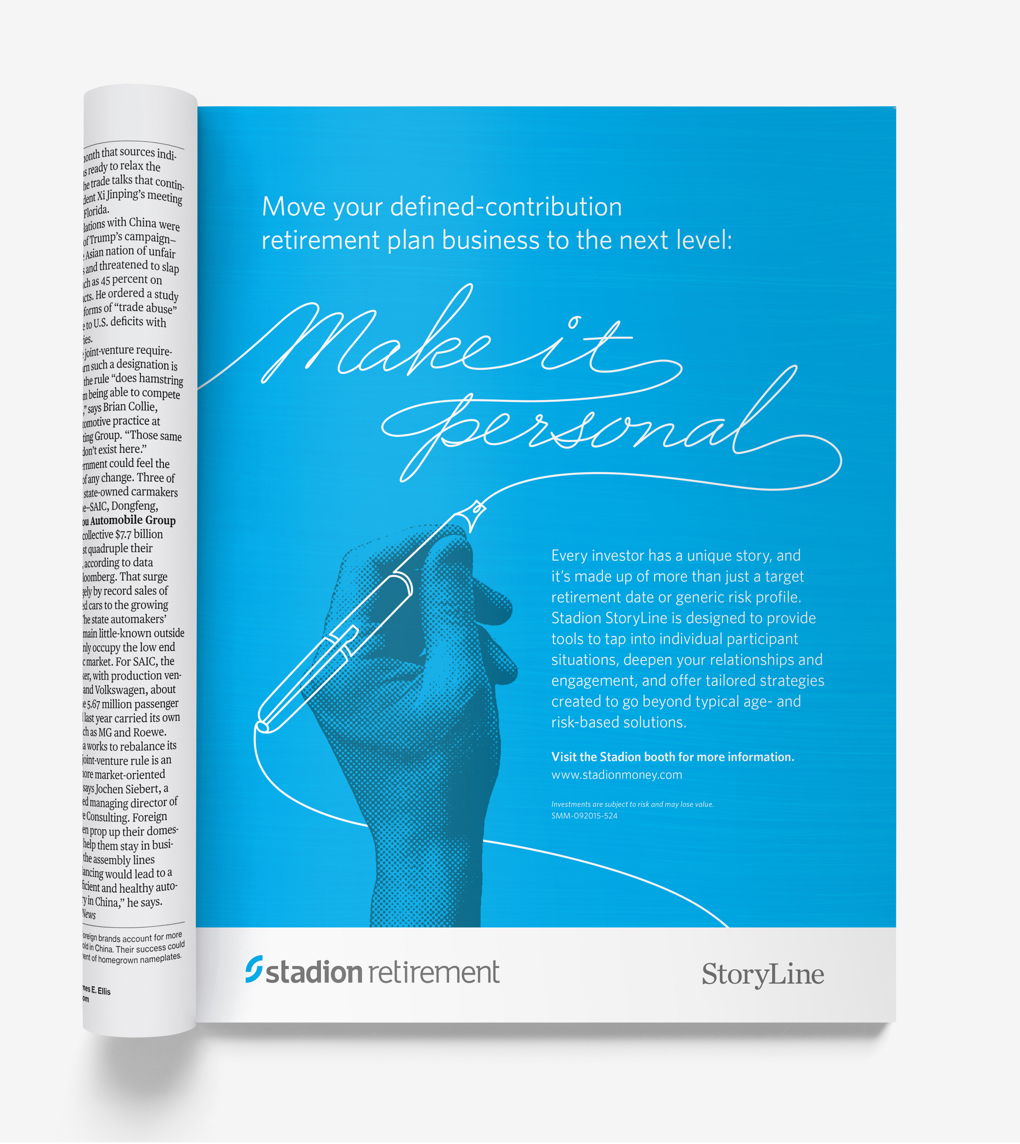 Blue magazine ad with illustrated hand reads “Make it personal.”