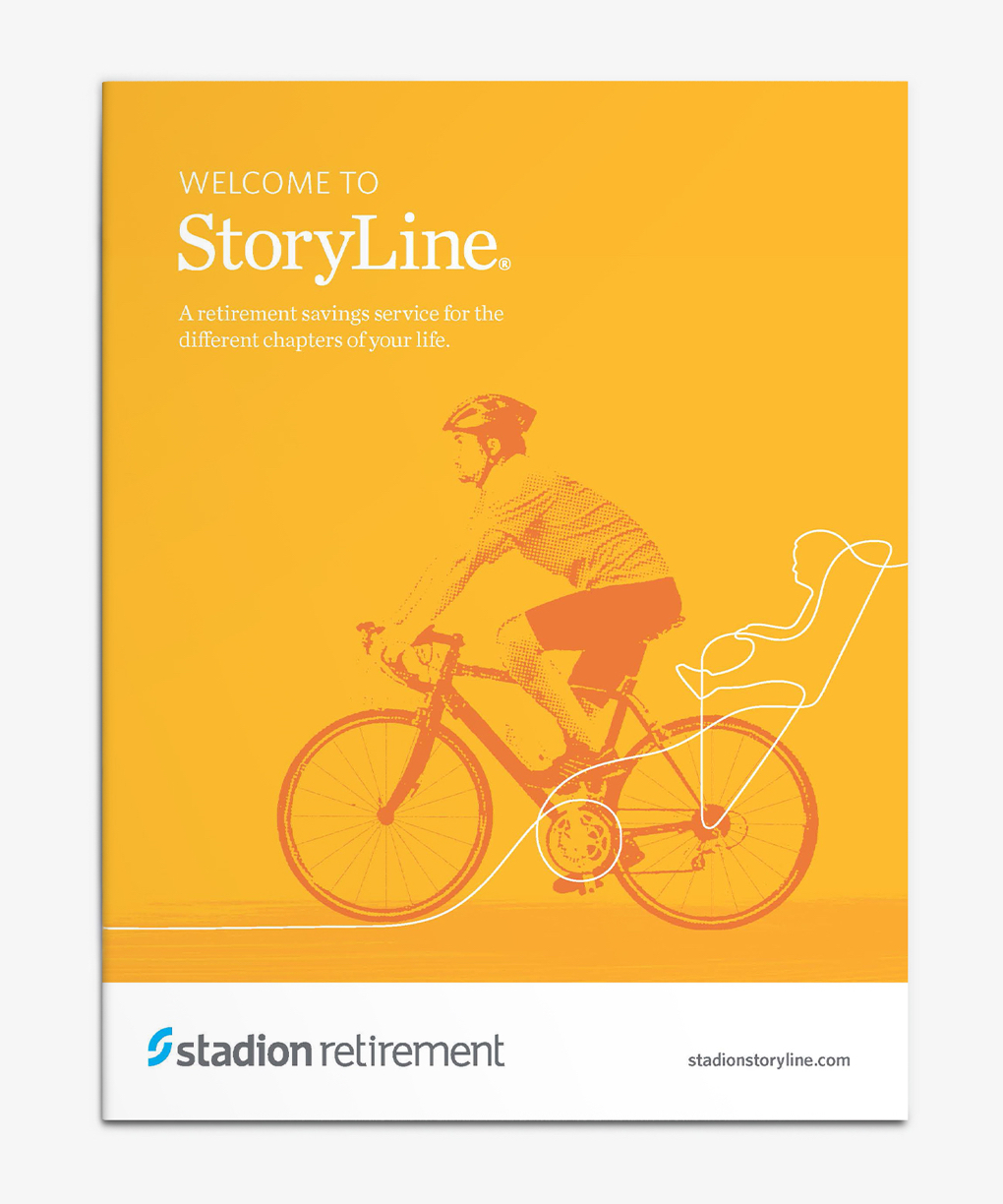 Yellow enrollment folder with cyclist and headline “Welcome to StoryLine.”