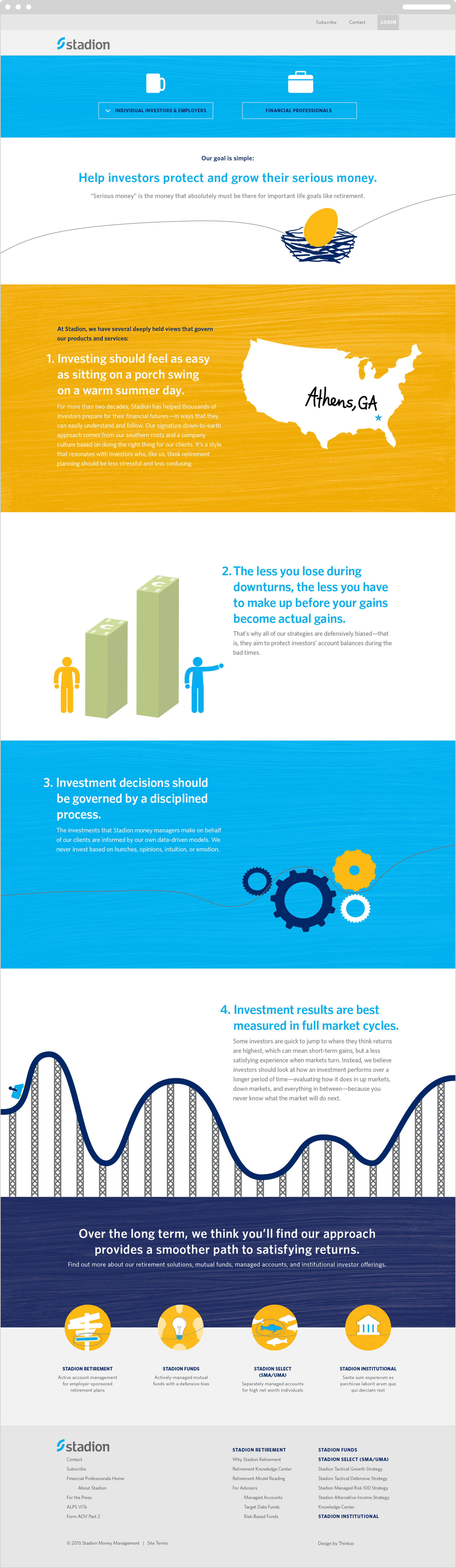 The Stadion web homepage with the heading, "Our goal is simple: Help investors protect and grow their serious money."