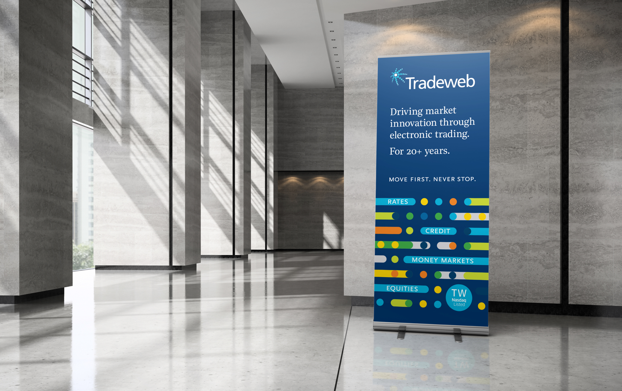 A colorful Tradeweb lobby banner with text "Driving markets innovation through electronic trading for 20 plus years."