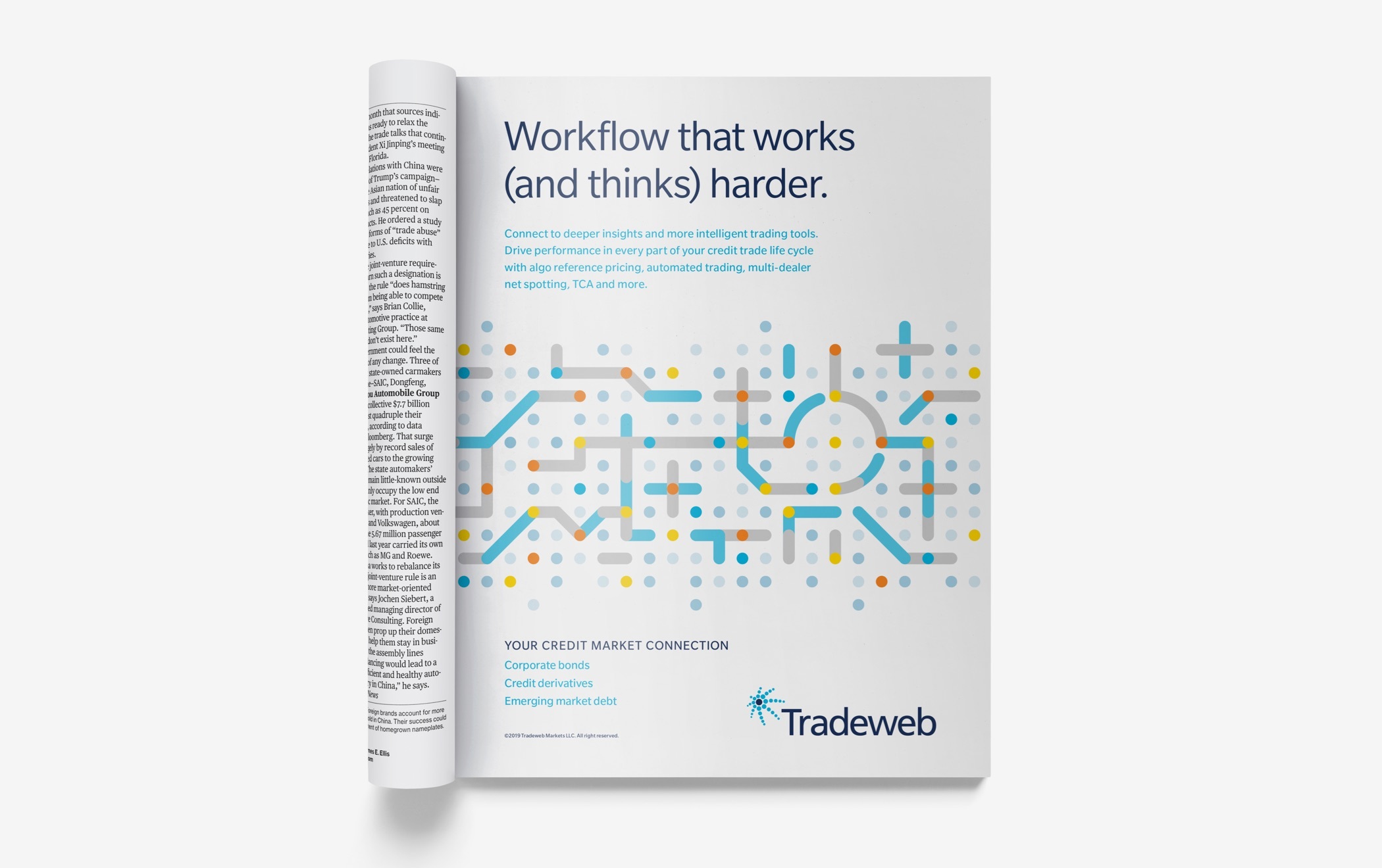 Illustrated full page magazine ad with the headline, "Workflow that works (and thinks) harder," and additional text.