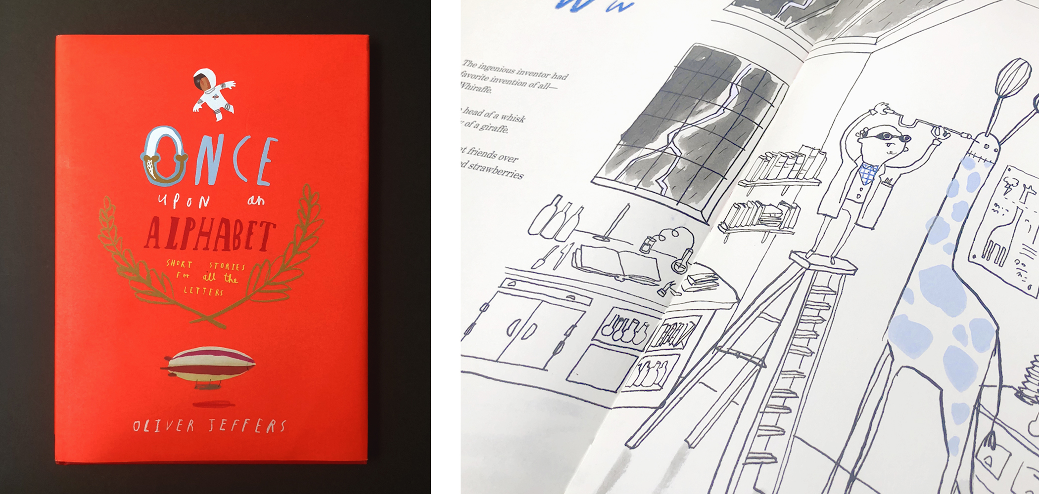 Front cover and two-page spread of  "Once Upon an Alphabet" by Oliver Jeffers.