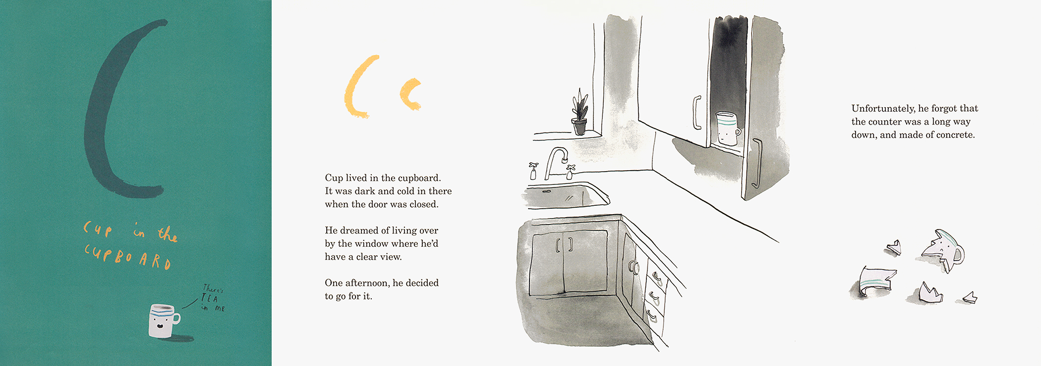 4-page spread about the letter C from "Once Upon an Alphabet" by Oliver Jeffers.