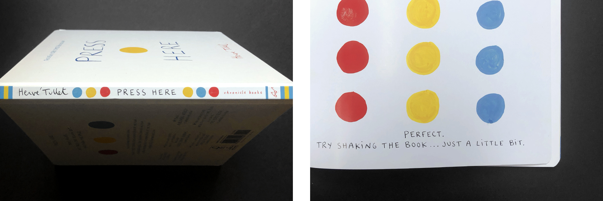Side view of cover and page from "Press Here" by Hervé Tullet.