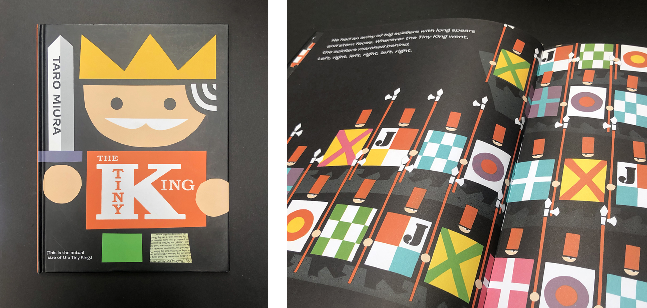 Front cover and two-page spread of "The Tiny King" by Taro Muira.