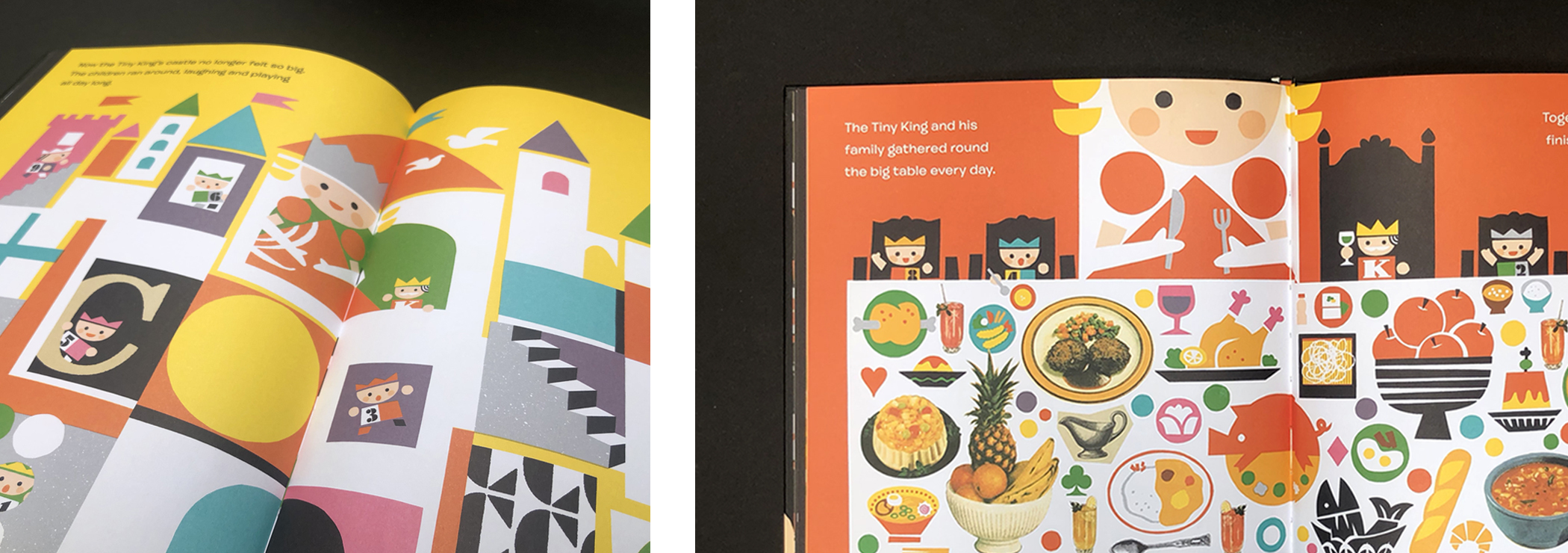 Two sets of two-page spreads of "The Tiny King" by Taro Muira.