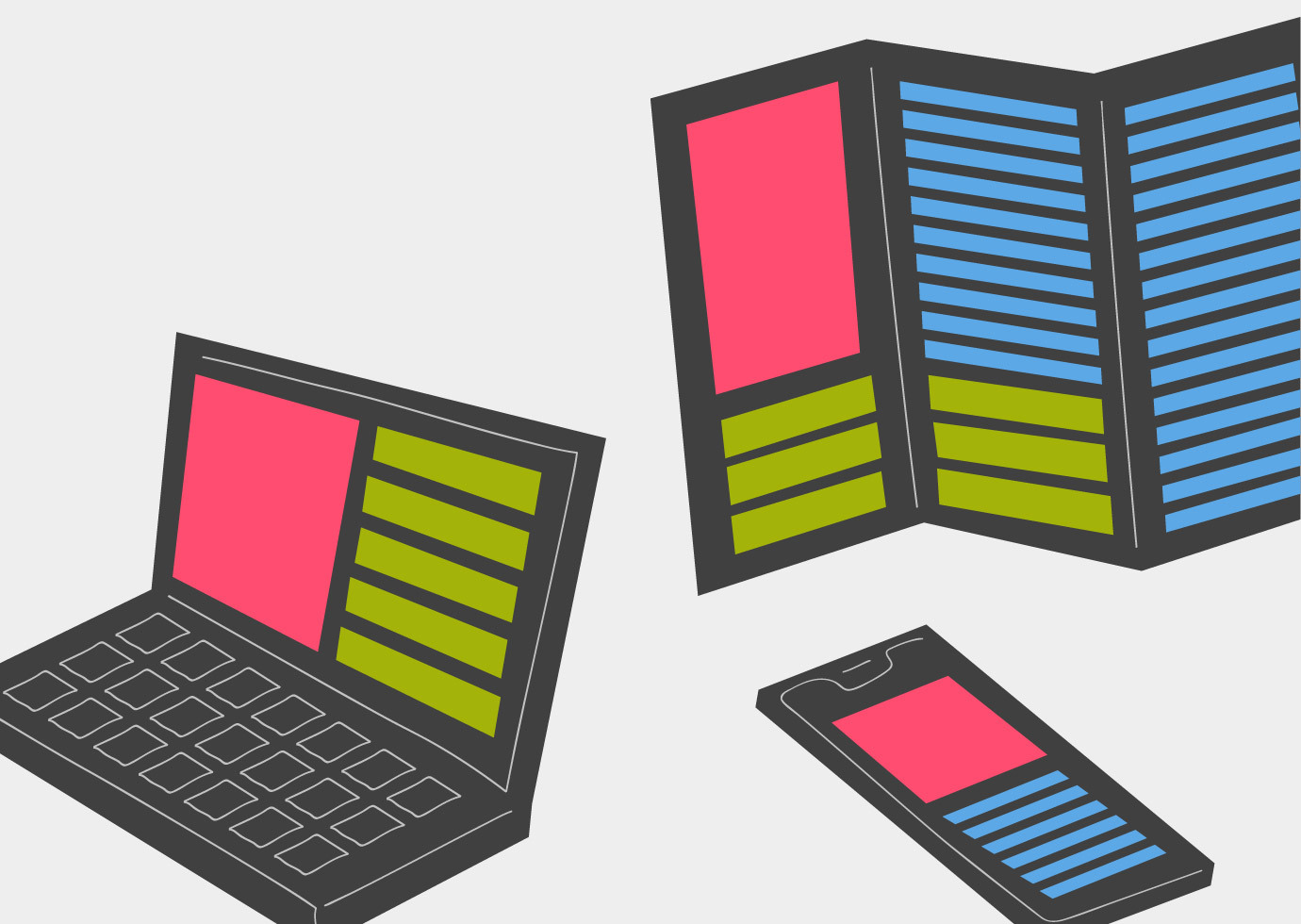 Laptop, brochure, and mobile device each display the same structured content.