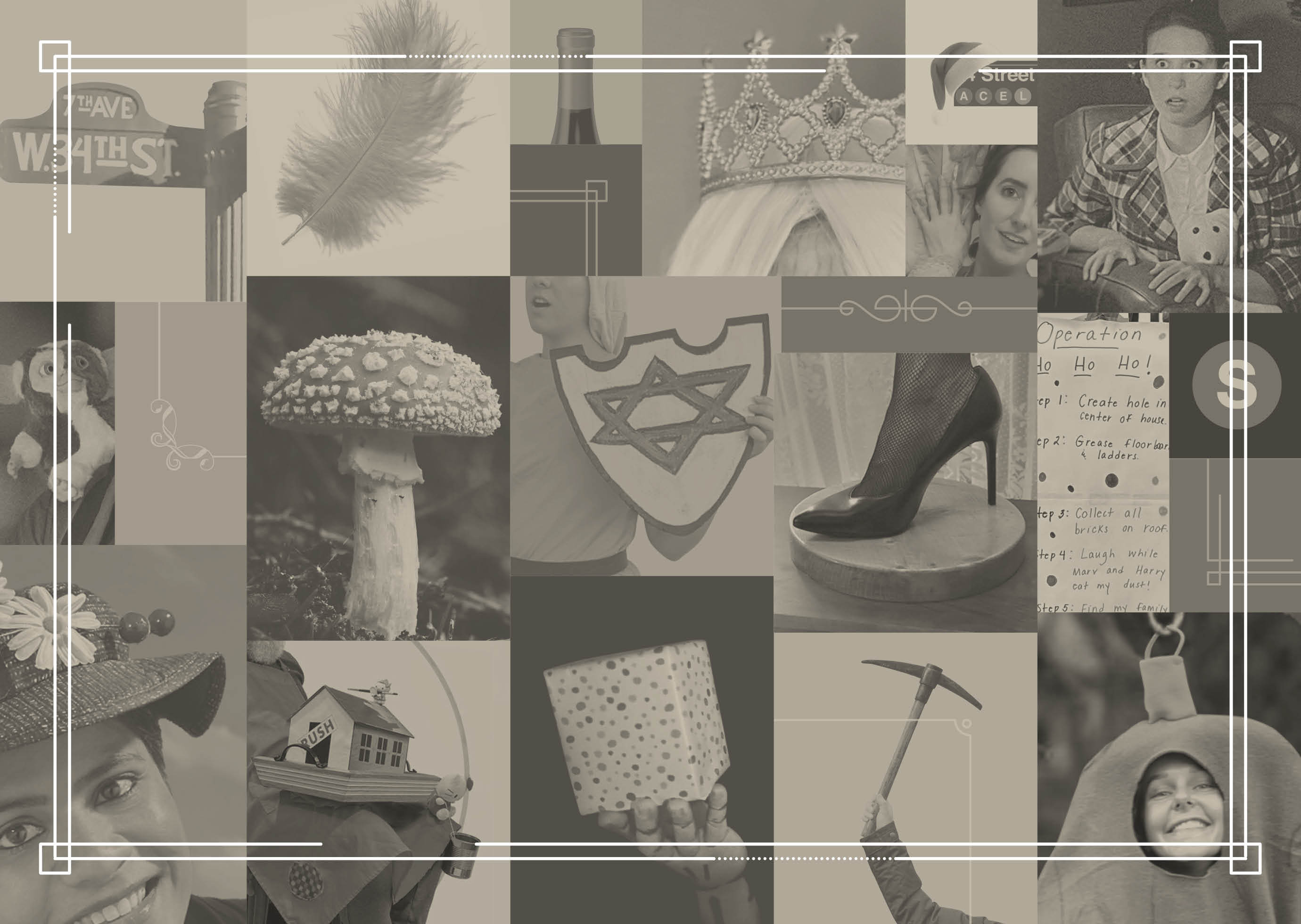 A collage of images showing holiday characters, symbols, and items.