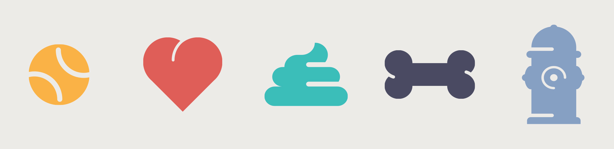 A set of colorful All Breed Rescue and Training brand icons: a ball, a heart, a dog poo, a bone, and a fire hydrant.