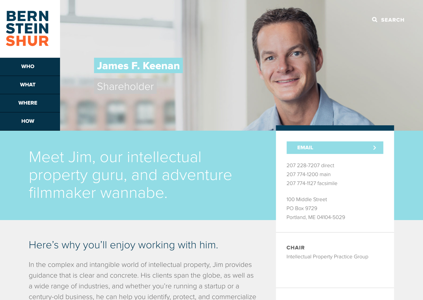 A man looks into the camera and smiles on a lawyer biography page on the Bernstein Shur website.