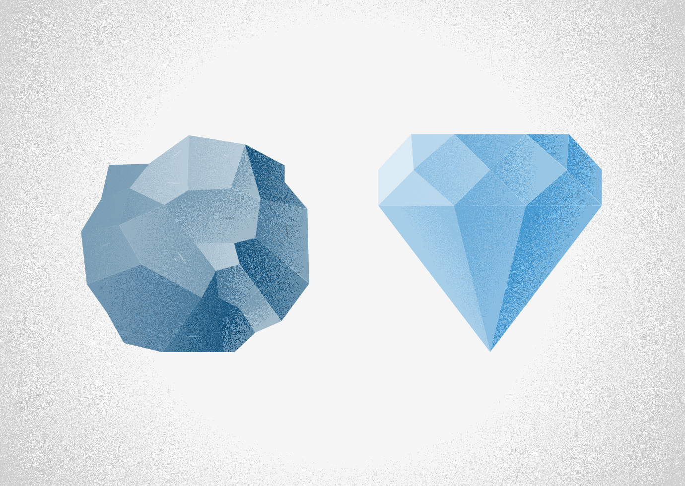Two diamonds juxtaposed–one uncut and one refined.