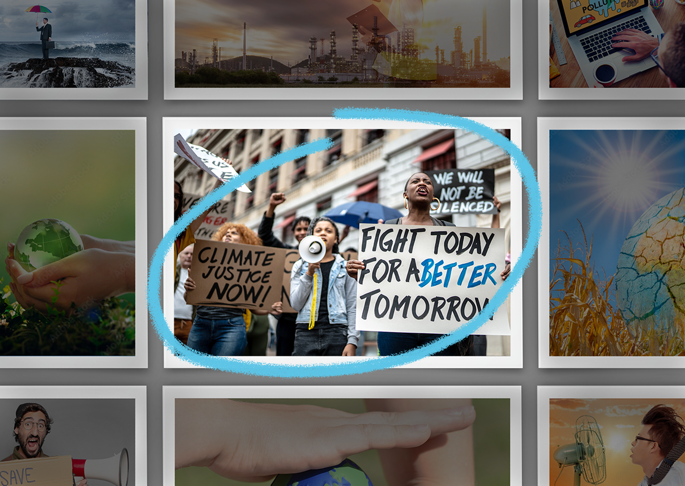 A collection of photographs with the center one, a group of women at a protest, circled