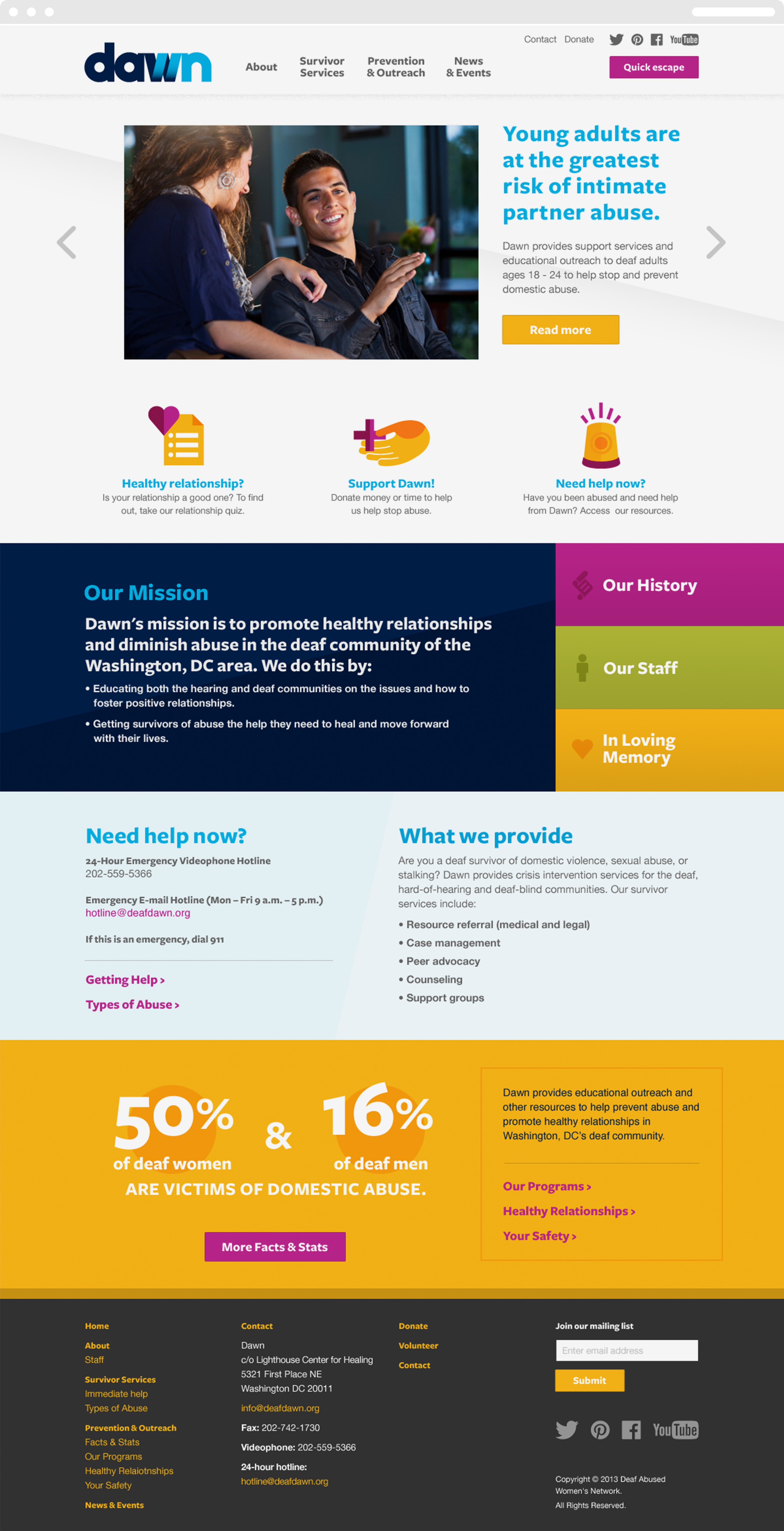 The website homepage of the deaf advocacy group Dawn with an image of a two deaf people using sign language and information about programs.