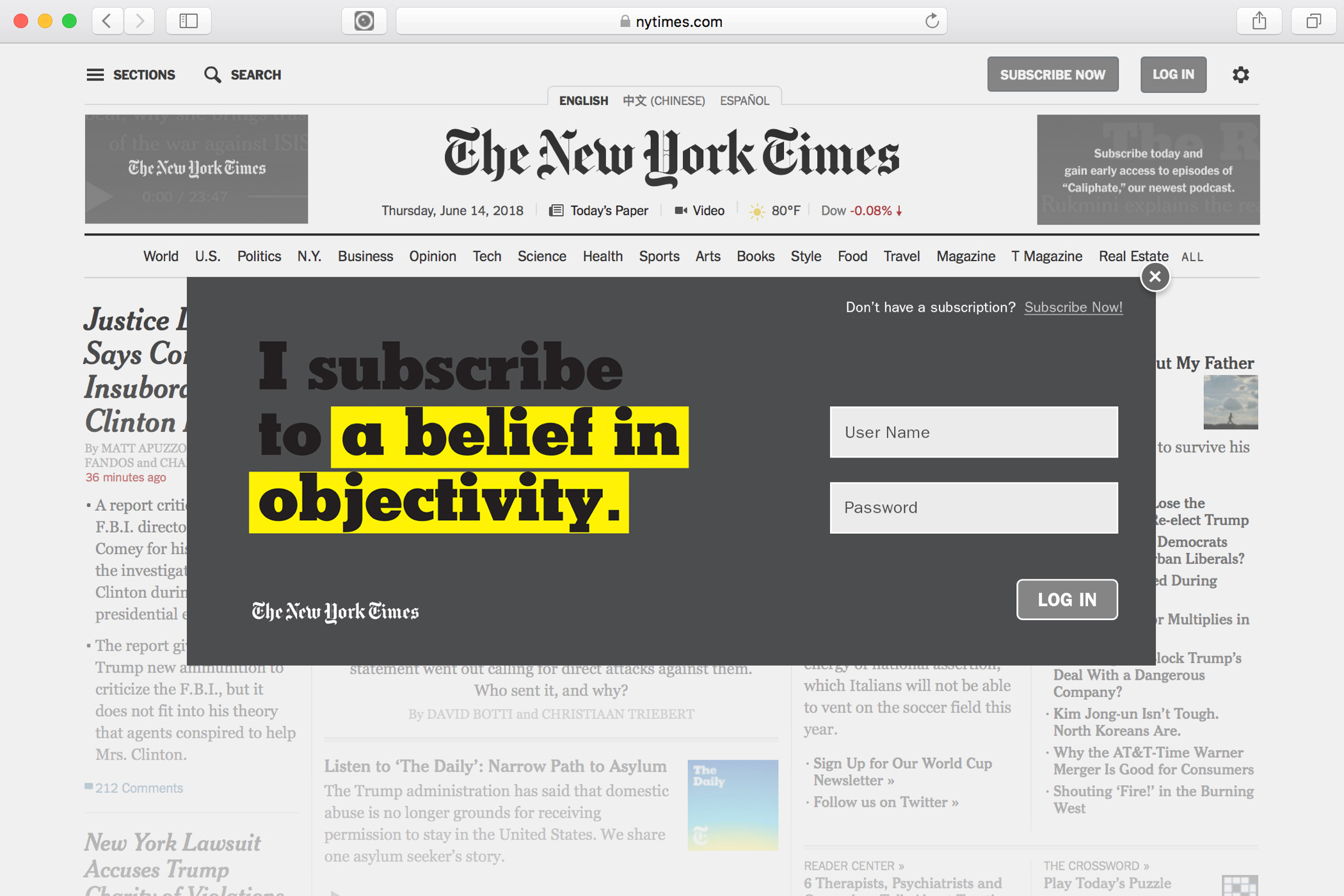 A New York Times website login popup with the text, "I subscribe to a belief in objectivity."