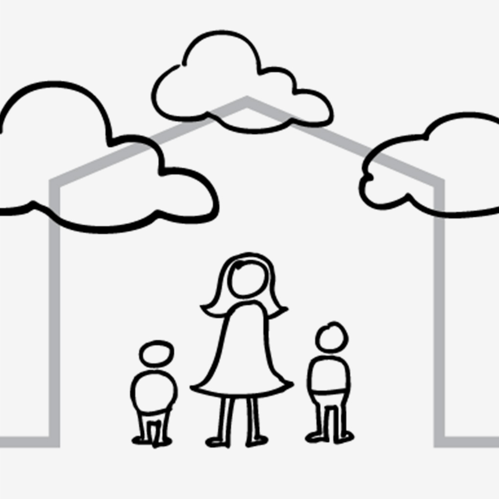 A childlike illustration of a mother and two children under a figurative roof.