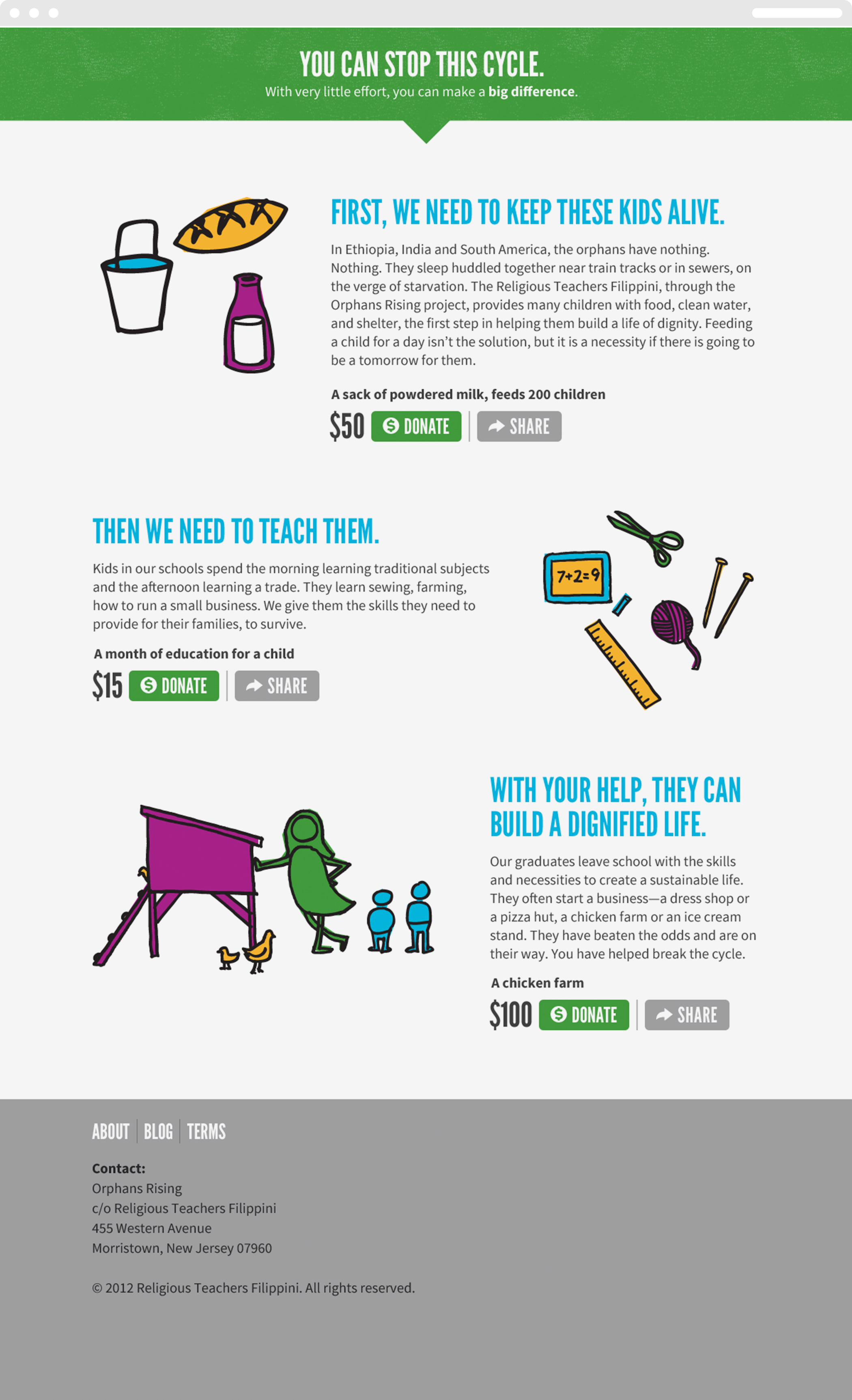 An illustrated Orphans Rising website page with options for making donations.