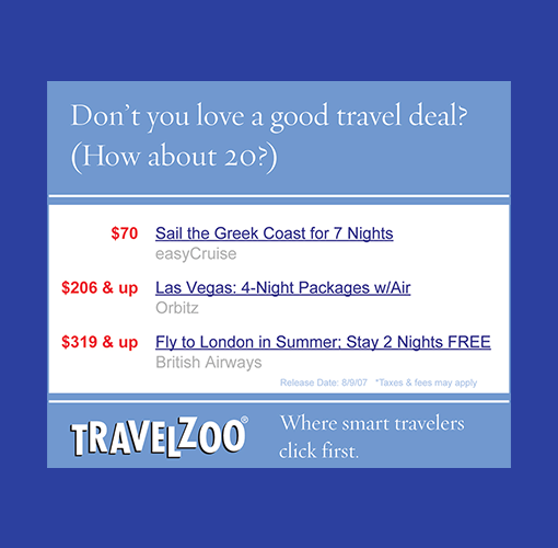 A Travelzoo digital ad with the headline, "Don't you love a good deal? How about 20?"
