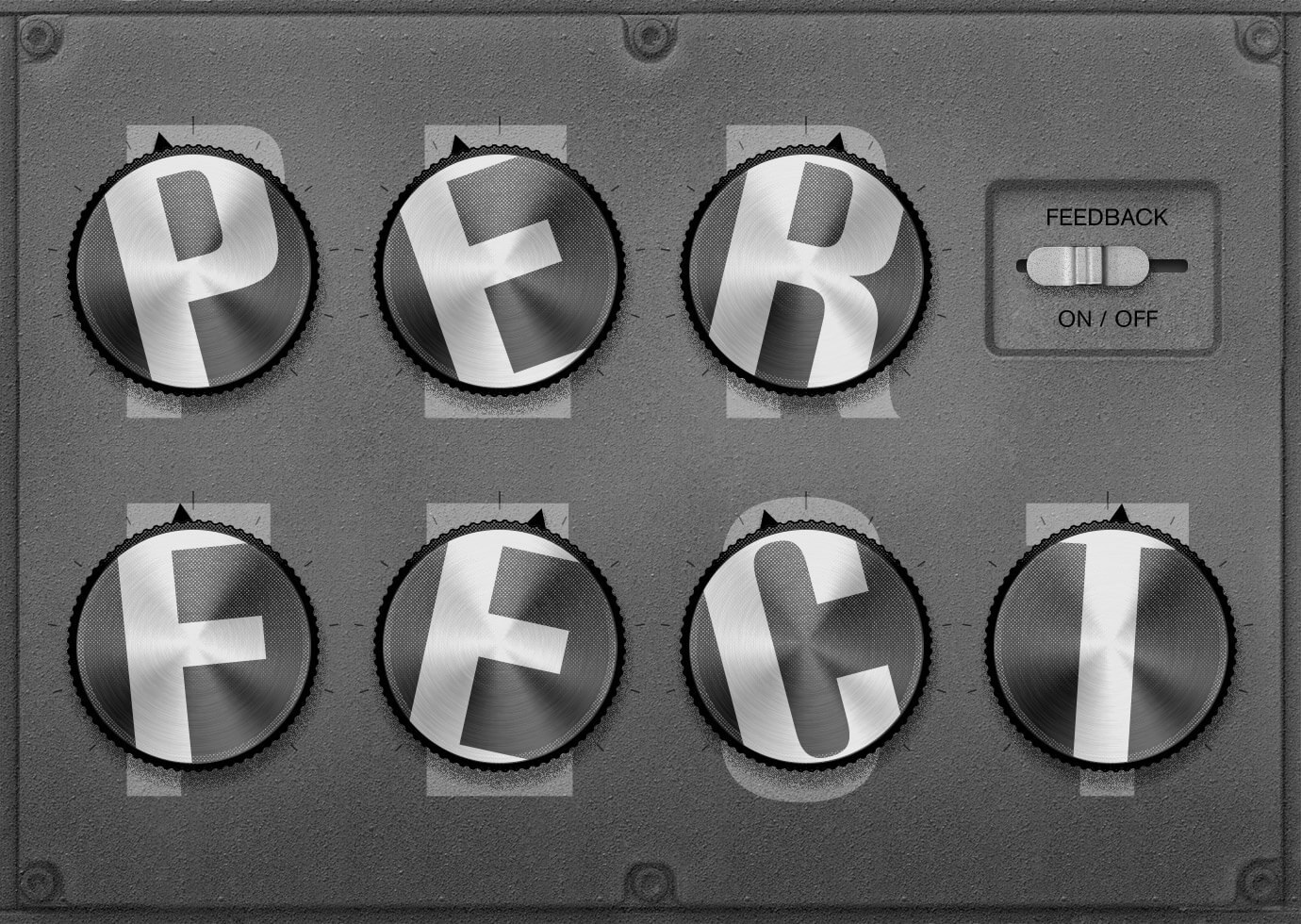A fanciful electronic machine with dials that spell out the word perfect, with each dial a little off center.