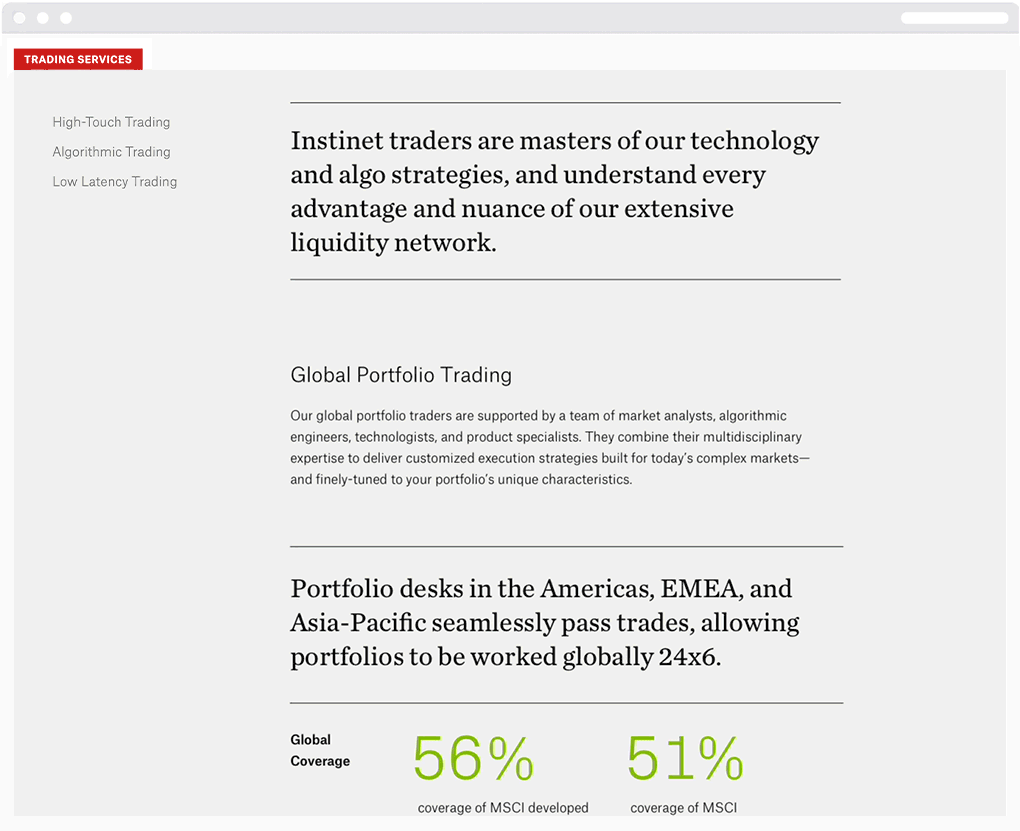 Green, line drawn icons that represent Instinet’s trading services capabilities appear as a user scrolls down the Trading Services section of the web site.
