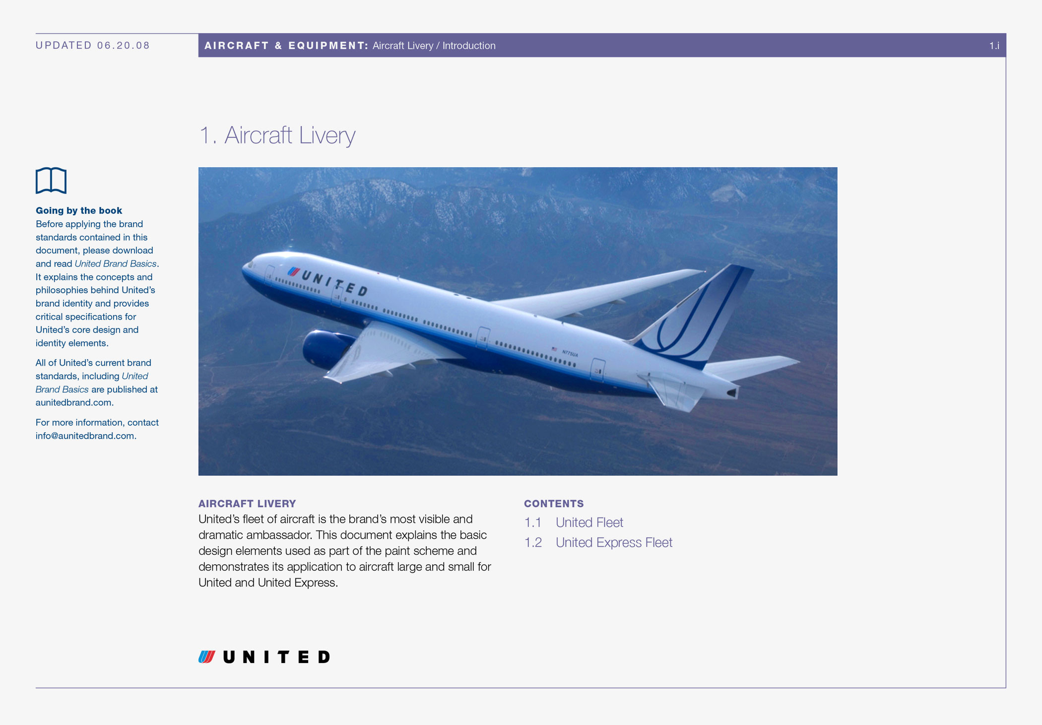 Cover of the "Aircraft Livery" section of the Aircraft and Equipment volume of United Airlines brand standards.