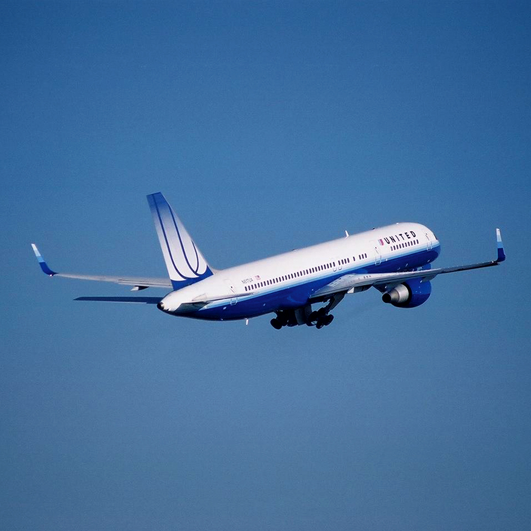 United Airlines aircraft in flight, just after taking off.