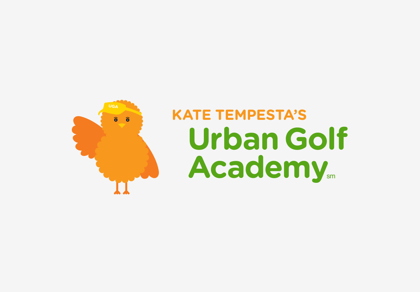 Kate Tempesta's Urban Golf Academy's logo, and the orange "birdie" brand symbol and mascot waving a wing.