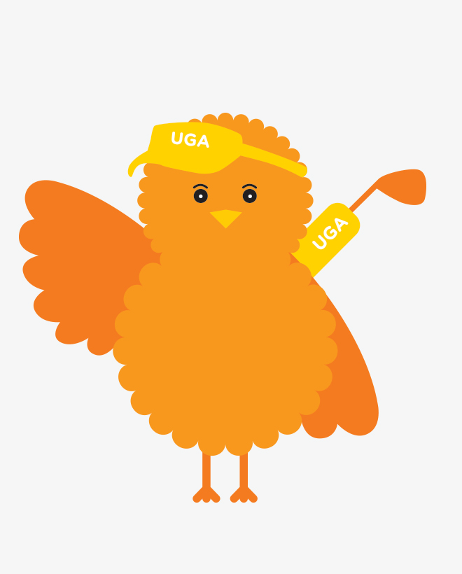 Birdie, the illustrated orange Urban Golf Academy mascot, carrying a golf bag.