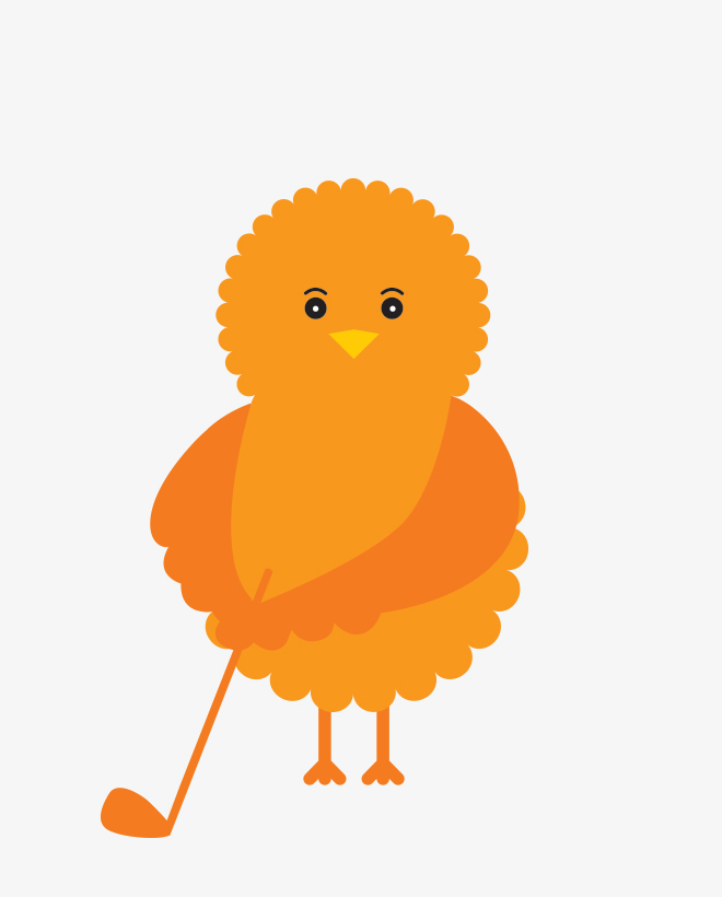 Birdie, the illustrated orange Urban Golf Academy mascot, getting ready to swing a golf club.