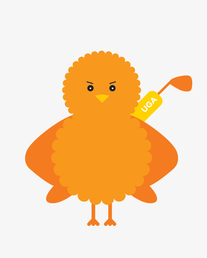 Birdie, the illustrated orange Urban Golf Academy mascot, carrying a golf bag with wings akimbo.