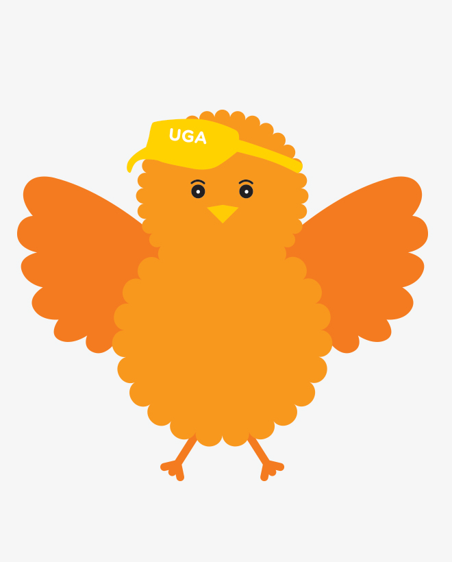 Birdie, the illustrated orange Urban Golf Academy mascot, wearing a UGA visor with wings held high.