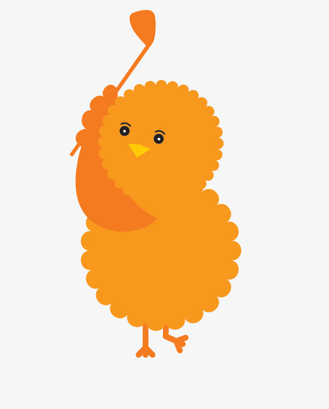 Birdie, the illustrated orange Urban Golf Academy mascot, with a golf club in the middle of a backswing.