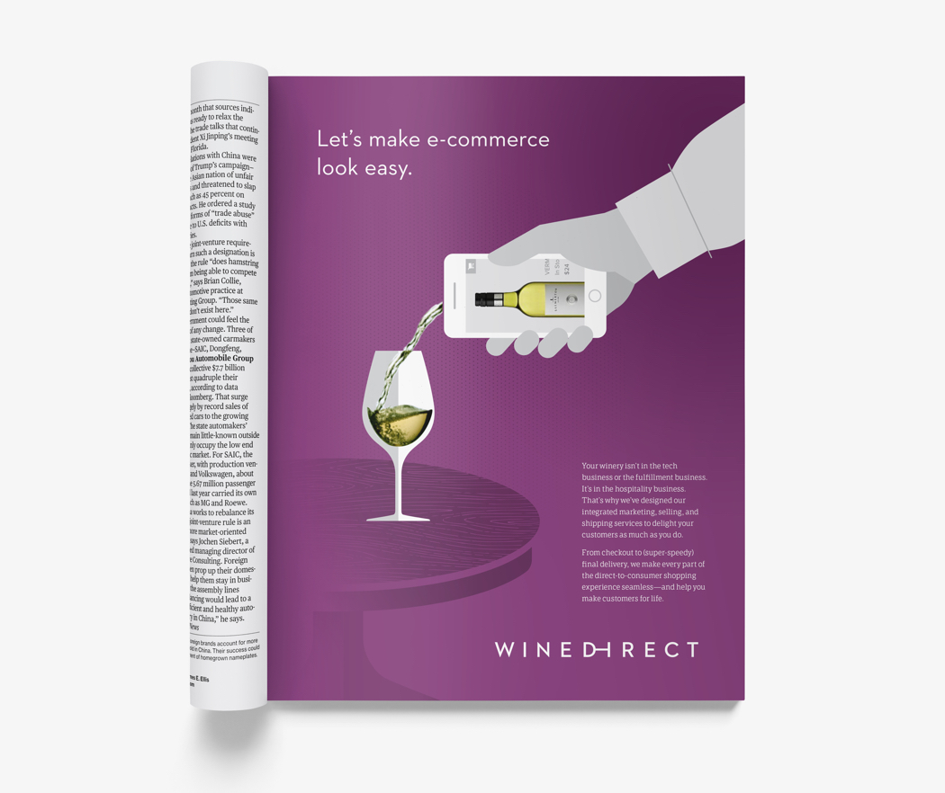 Wine Direct magazine ad with a hand holding a smartphone that appears to be pouring wine.