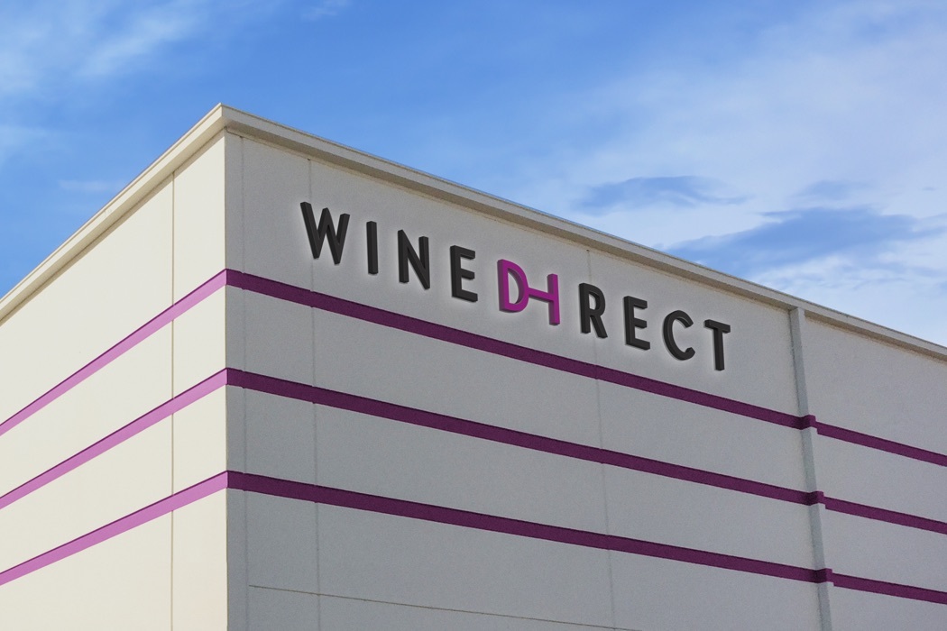 The Wine Direct logotype on the side of the company's headquarters building in Napa Valley, California.