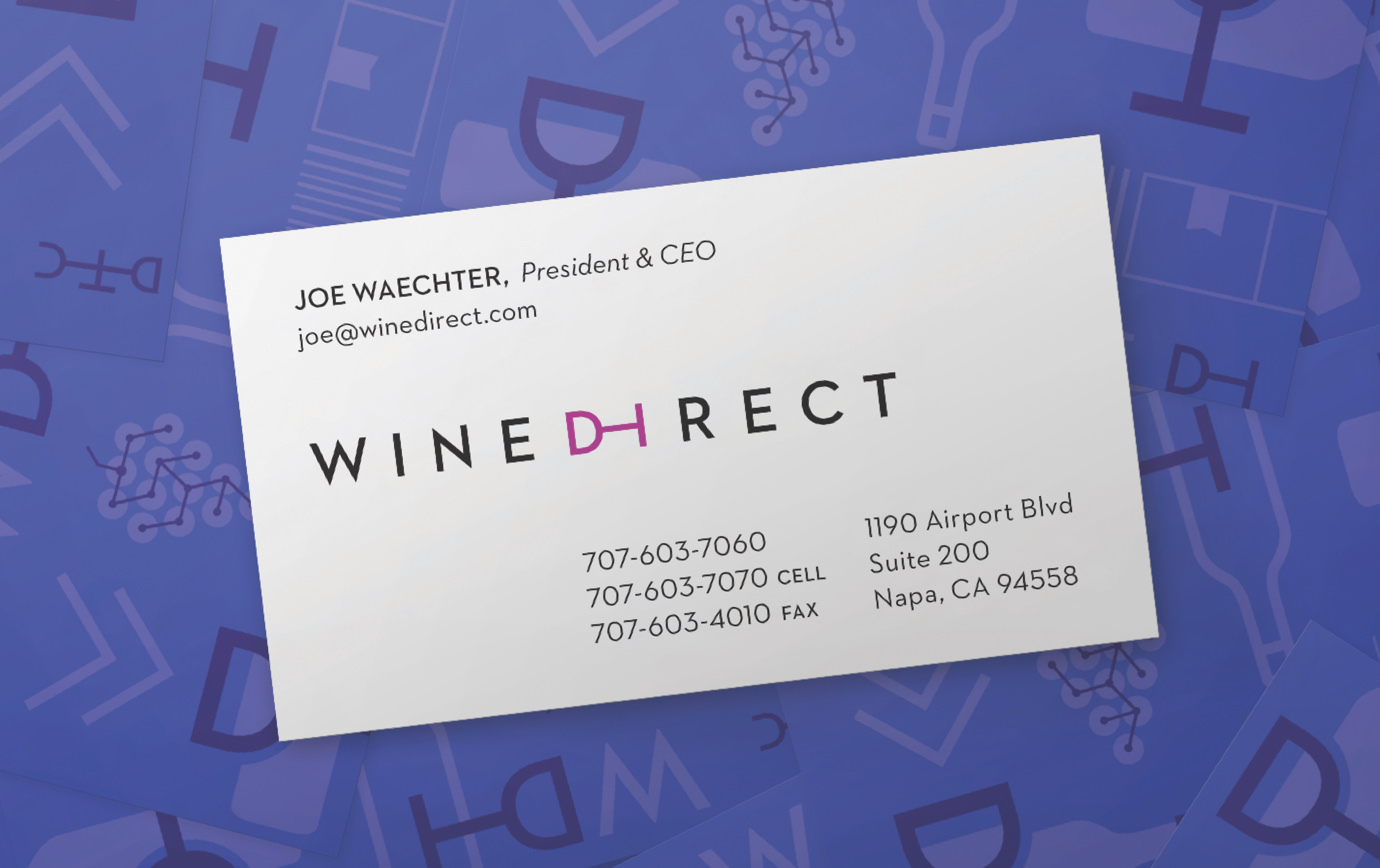 WineDirect business card with President & CEO Joe Waechter's contact information on a purple backdrop of brand icons.