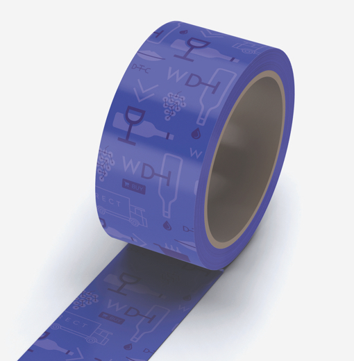 Customized packing tape decorated with the Wine Direct logo and brand illustrations.