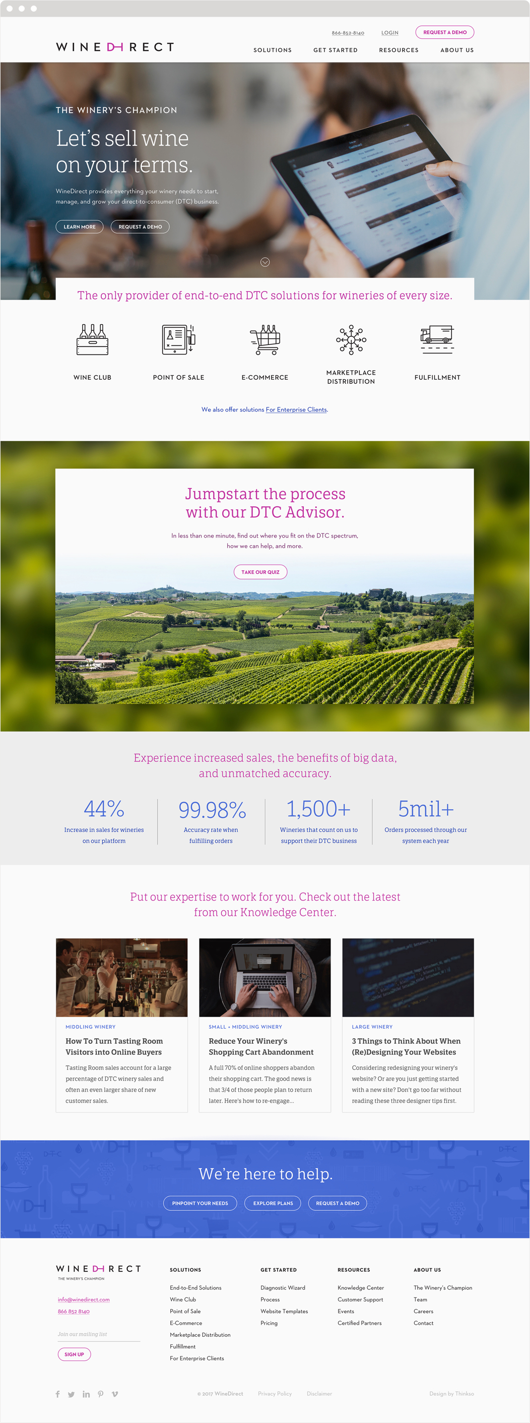 WineDirect website featuring new tagline, "The Winery's Champion," and DTC Advisor wizard for selling wine directly to consumers.