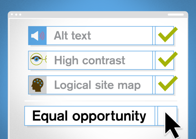 Illustration of a computer screen with an ADA web compliance checklist with “equal opportunity” last on the list.