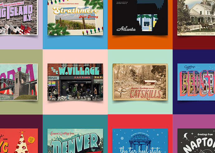 A grid of different personal holiday postcards from each Thinkso employee.