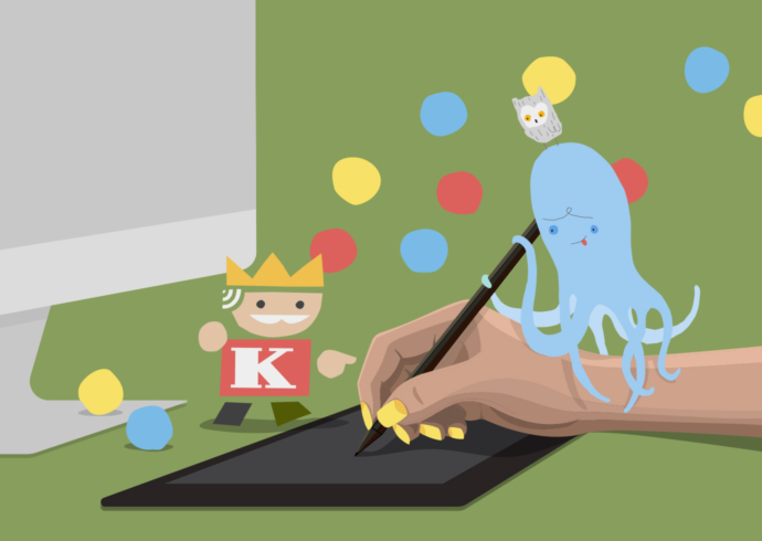 Illustration of hand drawing on design pad, surrounded by colorful dots and picture book characters of a king, owl, and octopus.