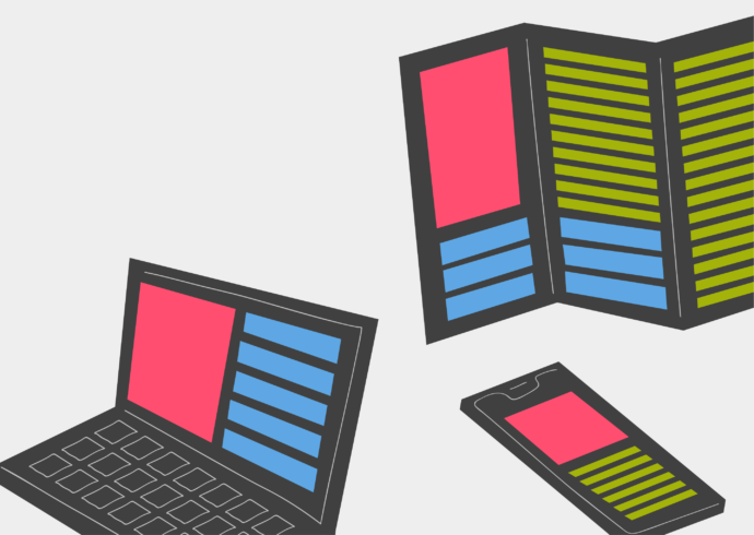 Laptop, brochure, and mobile device each display the same structured content.