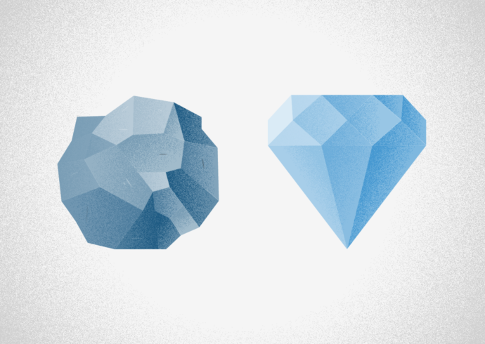 Two diamonds juxtaposed–one uncut and one refined.
