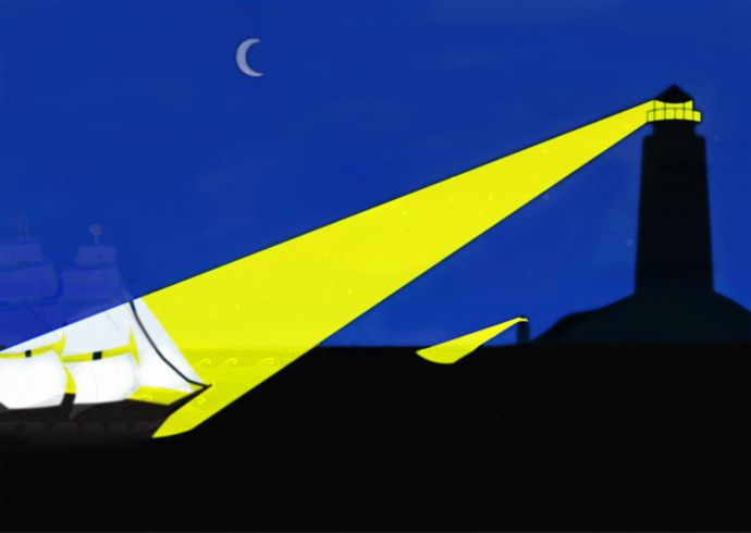 A lighthouse finds a ship in the dark.