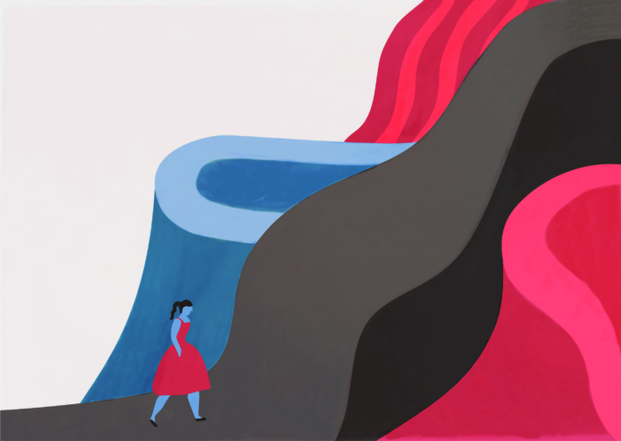 Woman walking through a fantastical mountainscape.